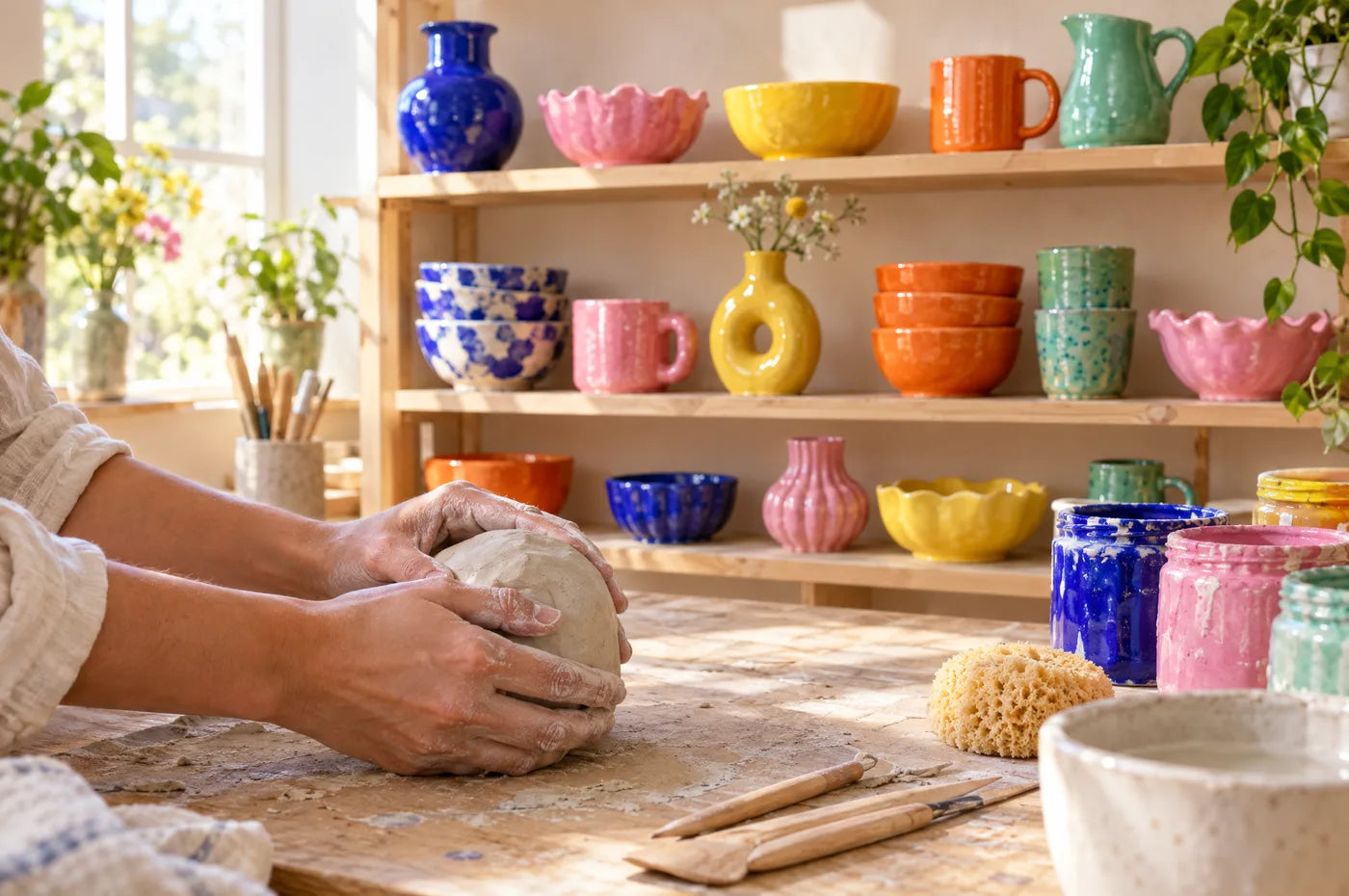 Hands shaping a ball of clay in the studio, surrounded by glazed pieces